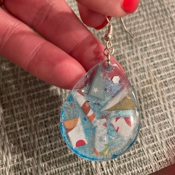 XMAS Festive Handmade Medium Holiday Earrings Blue Teardrop - Picture 5 of 9